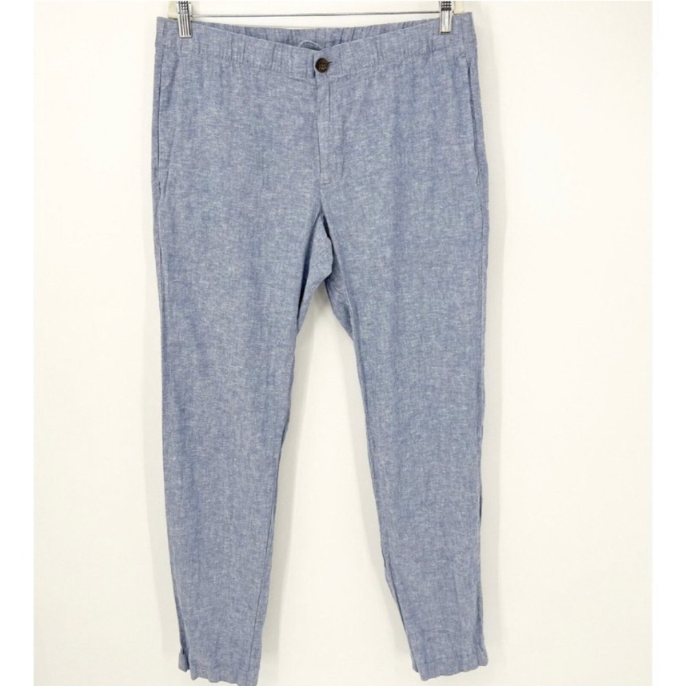 Bonobos Blue Linen Blend Pants LARGE Slim Fit Tapered Casual Beachy Drawstring